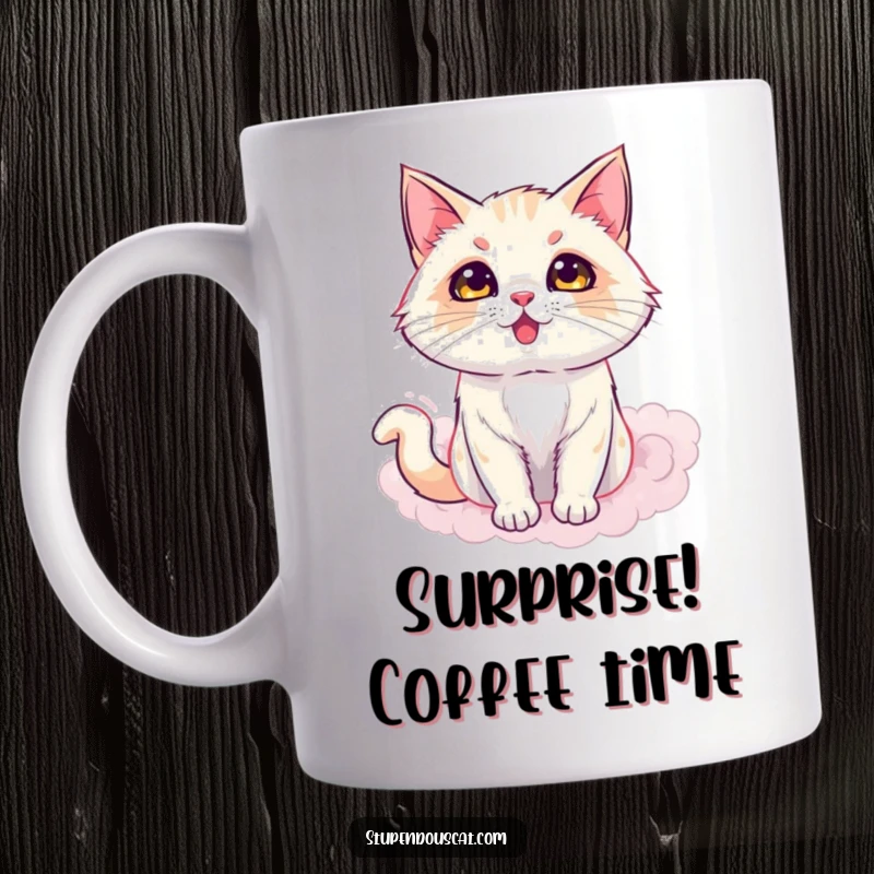 Funny mug showcasing a dazzling cat magically appearing from a swirling puff of smoke, full of surprise and charm, a great funny gift.