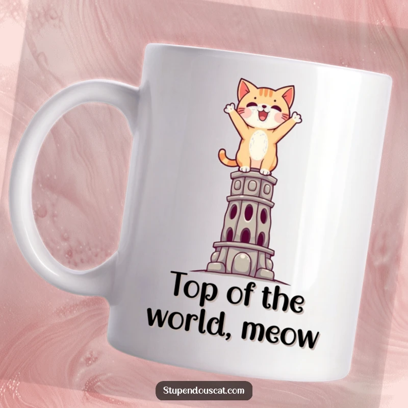 Funny Triumphant Cat Mug: A victorious cat standing proudly atop a tall, impossible structure, celebrating its achievement.