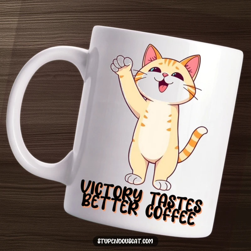 Funny Cat Mug depicting an admirable cat standing tall with an outstretched paw, celebrating triumph and sweet victory.