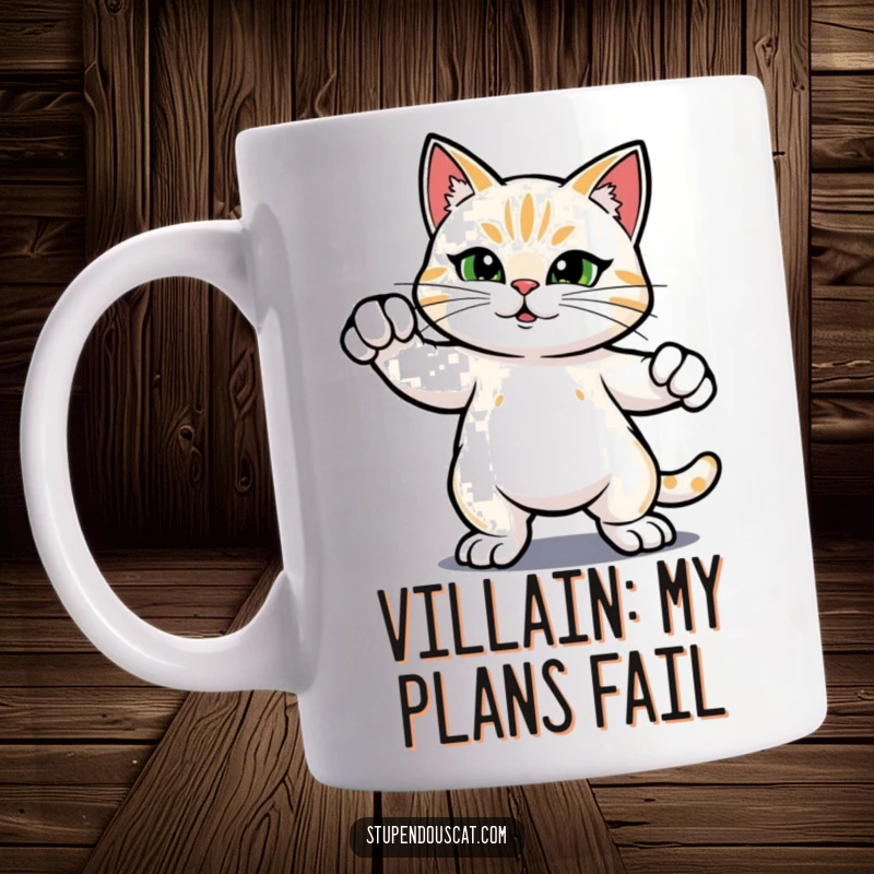 Funny mug with a heroic cat striking a confident, powerful stance, exuding bravery and charm for a humorous coffee break.
