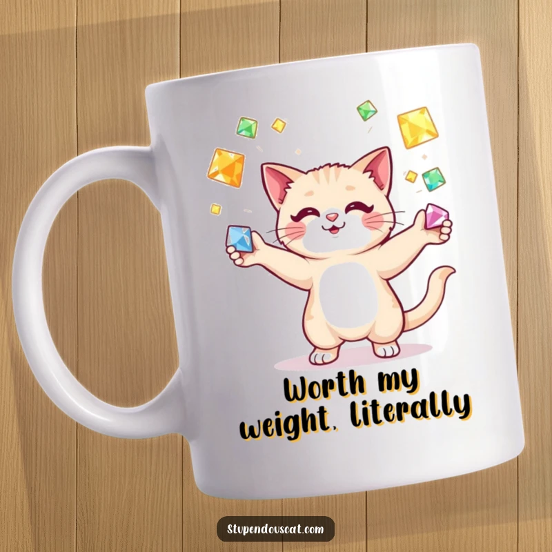 Funny cat juggling mug, tossing sparkling colorful gems with exceptional dexterity and a calm, focused expression, demonstrating feline mastery.