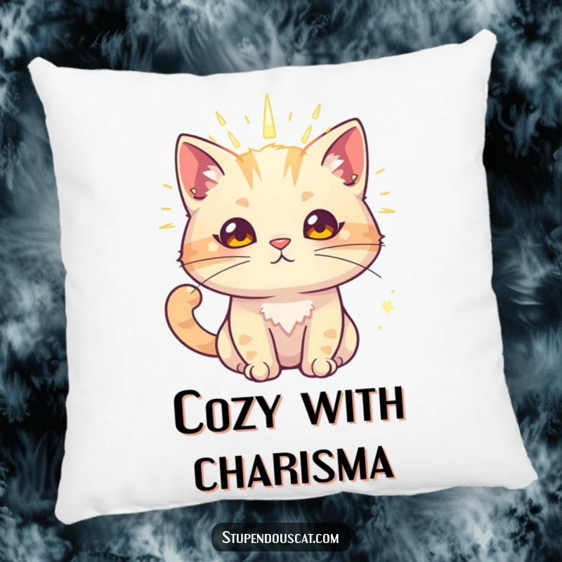 Funny cat pillow featuring a cat with a radiant aura, exuding powerful charm.