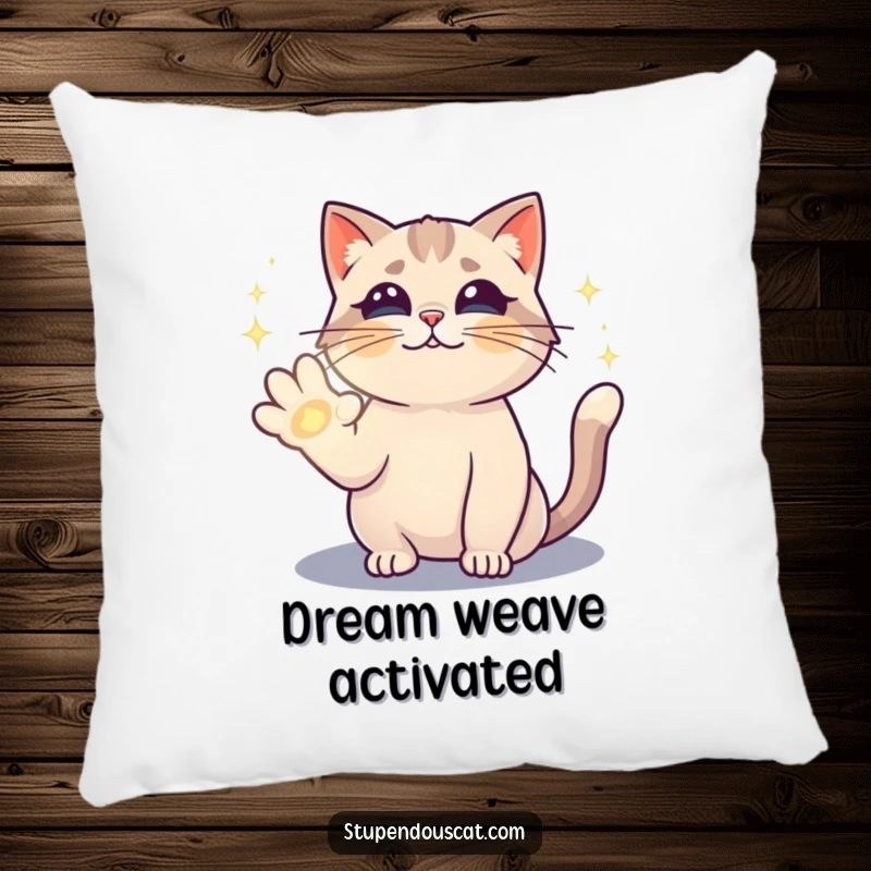 Funny pillow showcasing a magical cat casting a sparkling spell with its paw, perfect for adding enchantment to any room.