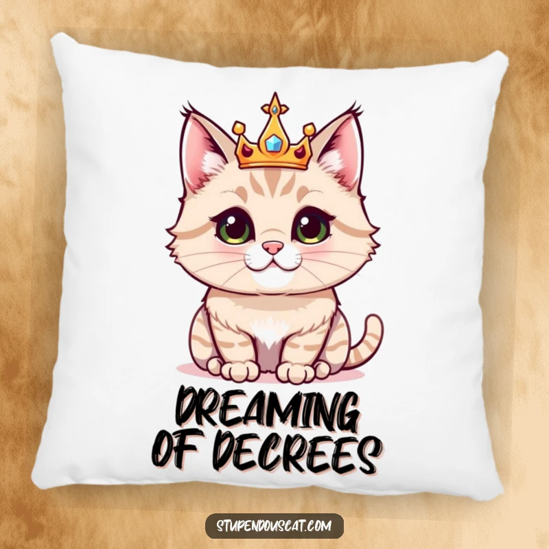 Funny pillow featuring a majestic cat wearing a small, sparkling crown, offering a blend of comfort and royal humor.
