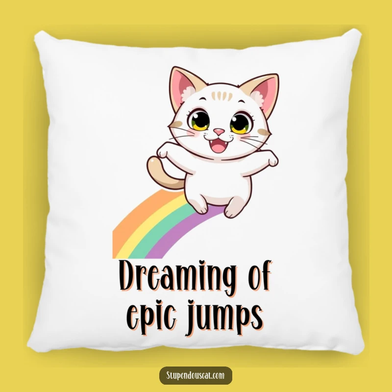 Funny Cat Leaping Rainbow Pillow: Cozy Feline Fun - Adorable Funny Gift
