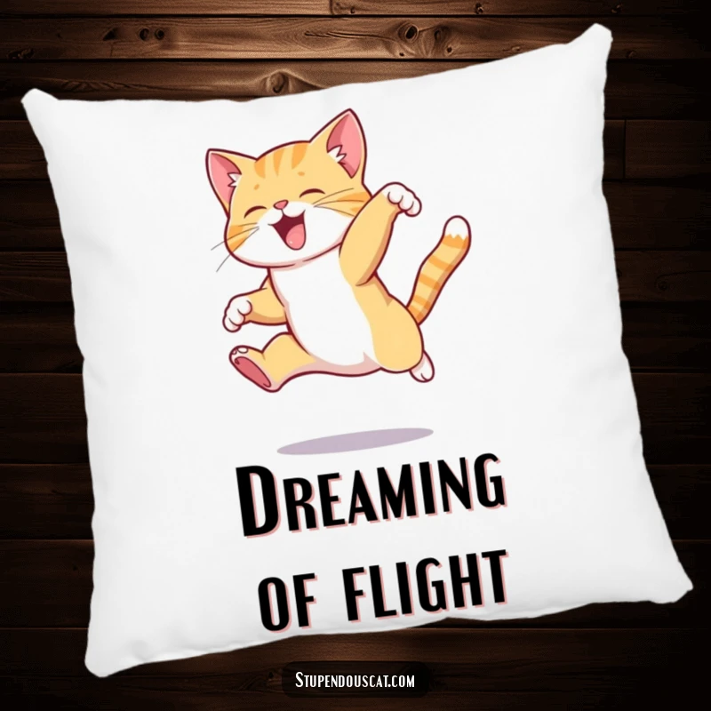 Funny cat pillow featuring a cat in mid-air performing an elegant, complex jump, designed for comfort and admiration.