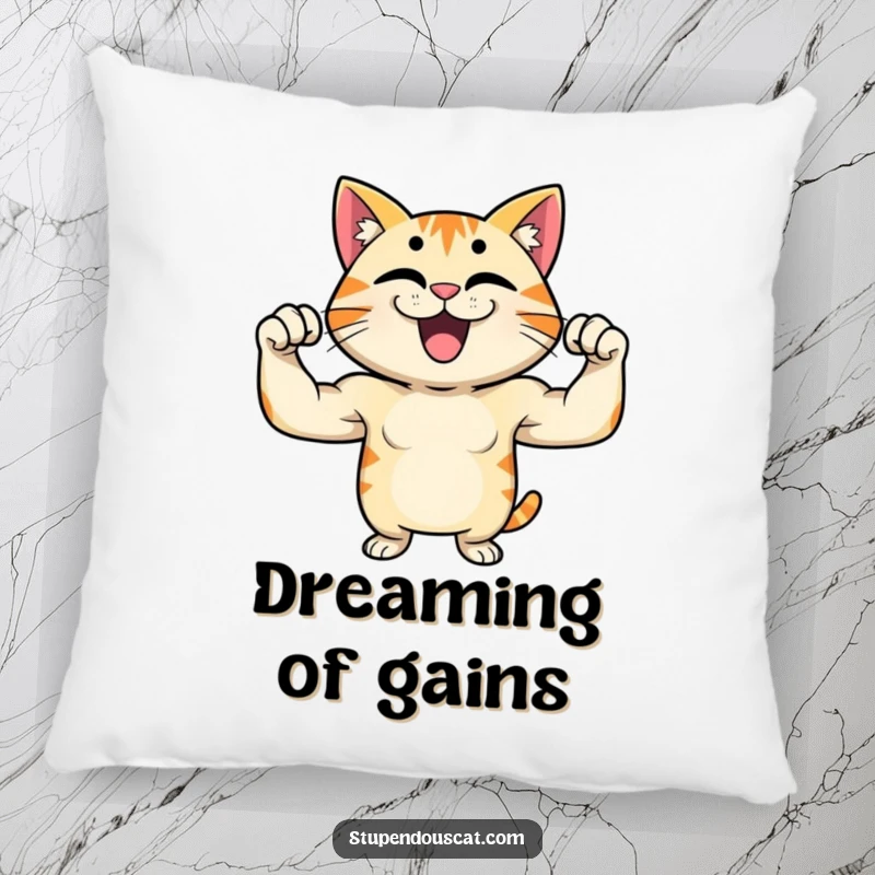 Funny pillow featuring a proud cat character flexing its muscles with a wide grin, adding humor and strength to decor.
