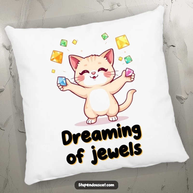 Funny cat juggling gems pillow, a plush feline artist balancing sparkling jewels, providing cozy humor and a touch of luxurious decor.
