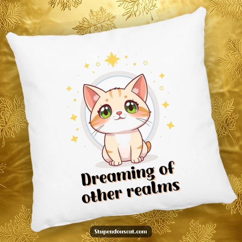 Funny cat pillow featuring a curious cat gazing at an opening magical portal.