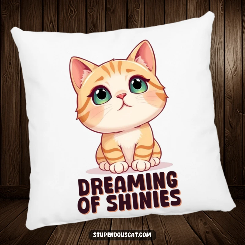 Funny cat pillow featuring a cat looking up in absolute awe at a sparkly, shimmering object, designed for comfort and joy.