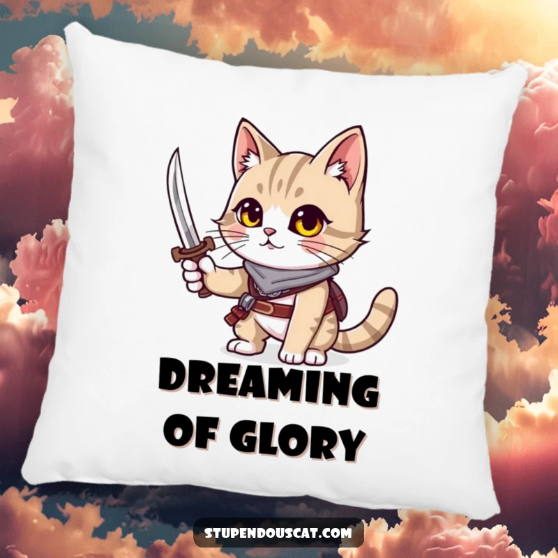 Funny cat pillow featuring a brave cat holding a tiny sword, ready for anything.