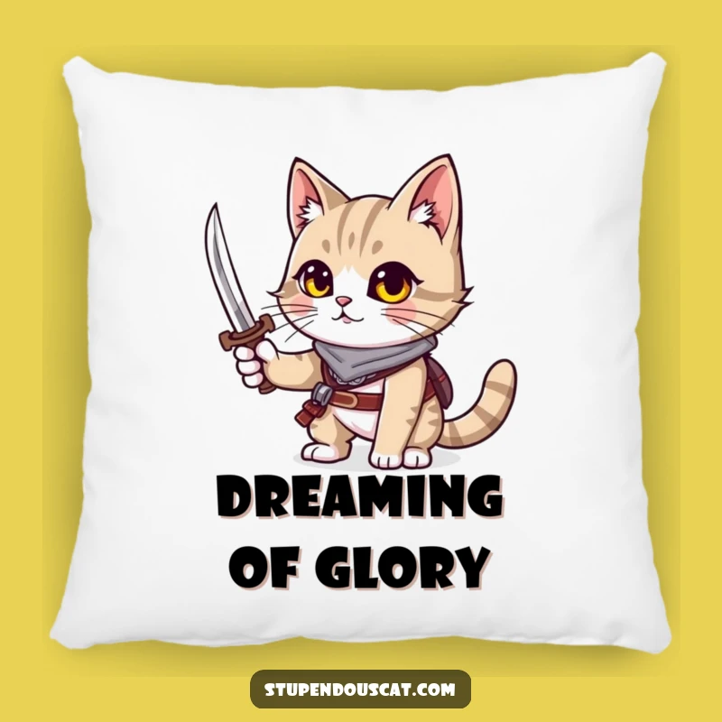 Funny Adventurous Cat Pillow - Cozy Warrior Dreams with Tiny Sword Gift