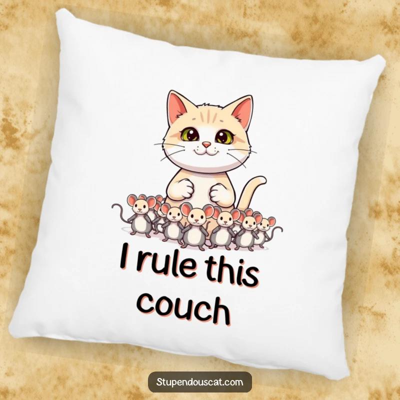 Funny cat pillow featuring a confident cat general commanding an army of toy mice.