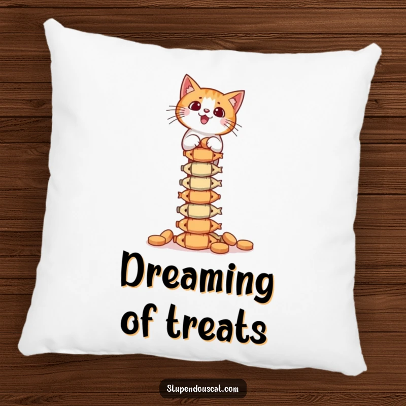 Funny Pillow: A cat balancing a tall fish treat tower offers soft, comforting support, embodying precarious yet delightful skill.