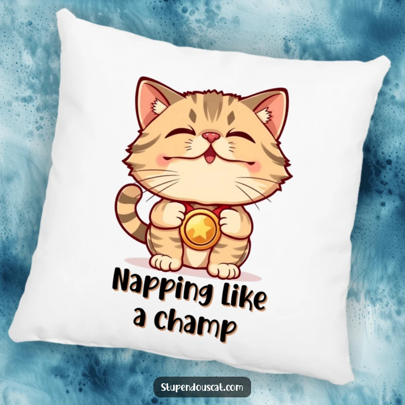 Funny Pillow: A proud cat wearing a shiny medal offers soft, comforting support, celebrating stupendous wins.