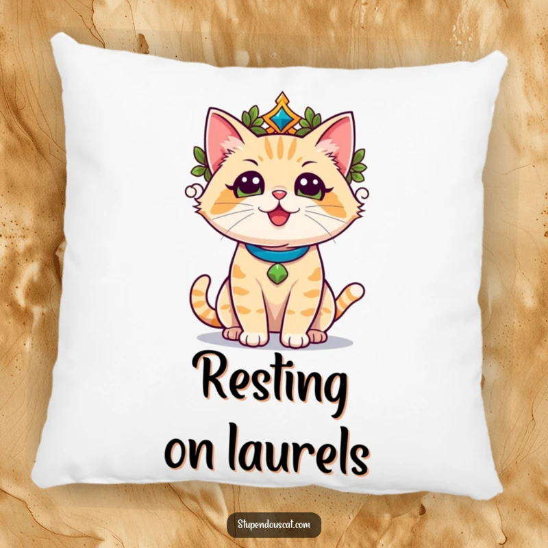 Funny champion cat in a laurel wreath, basking in triumphant glory, resting on a plush pillow, looking regal.