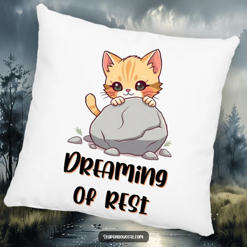 Funny Pillow with a determined cat cub pushing a large boulder, offering plush comfort and a humorous dose of sheer willpower.