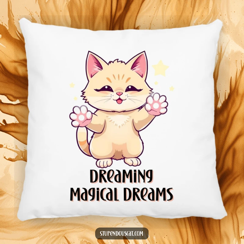 Funny pillow featuring a magical cat conjuring sparkling energy from its paws, looking awe-inspiring and mystical.