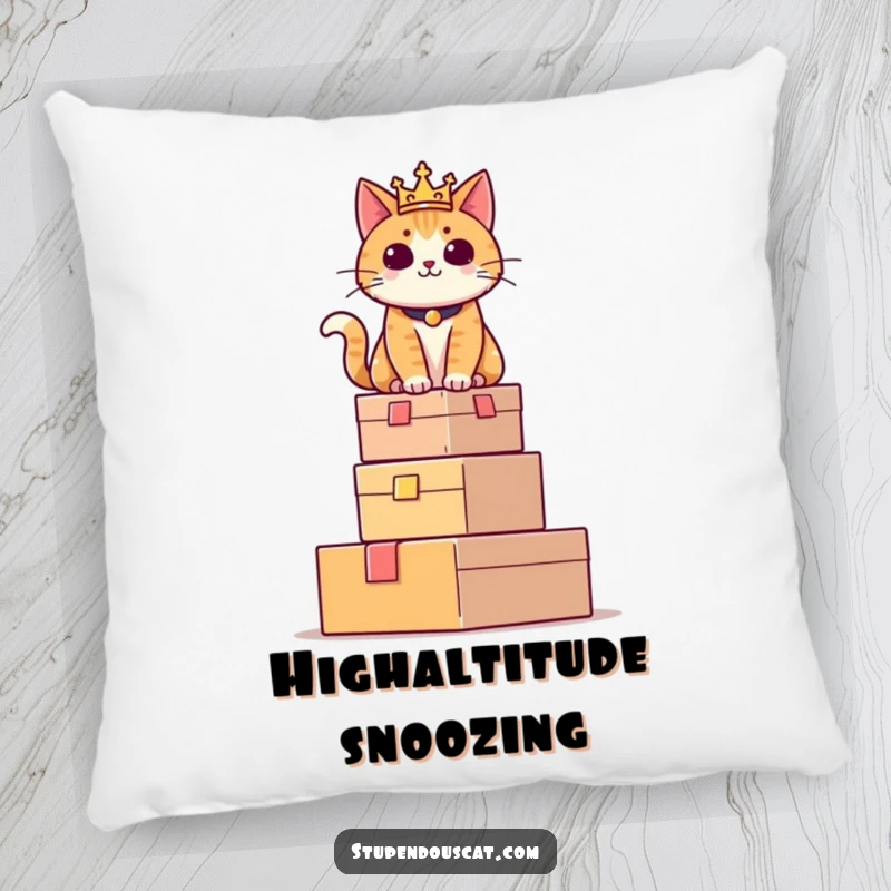 Funny pillow showcasing a regal cat sitting proudly atop a tower of boxes, perfect for adding a touch of humor and nobility.