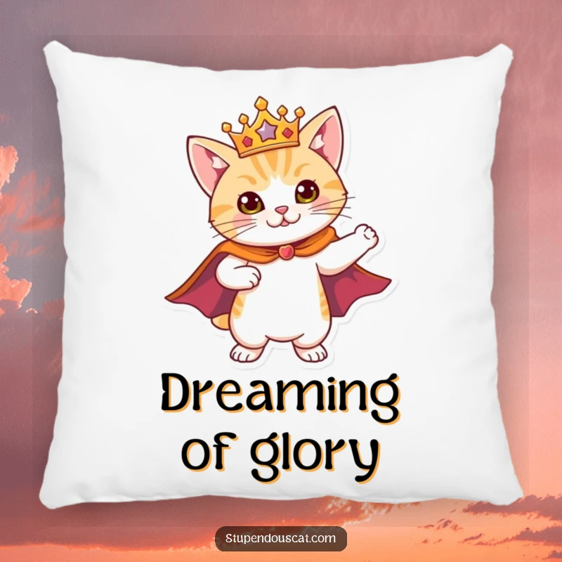Funny Pillow showcasing a heroic cat wearing a cape and crown, striking a pose, offering majestic comfort and regal vibes.