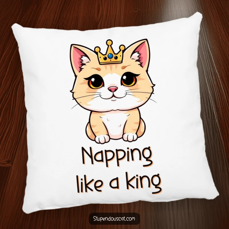 Funny pillow featuring a pleased cat wearing a tiny crown, embodying regal comfort and satisfaction. Soft and decorative.