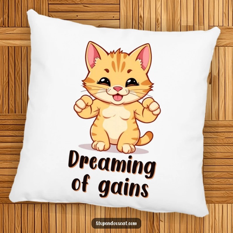Funny pillow featuring a strong cat cub flexing tiny muscles with a confident, wide grin, adding humor to decor.