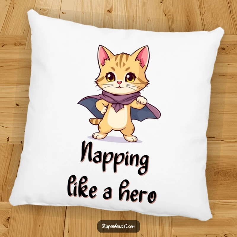 Heroic Cat Cub Cape Pillow: A soft pillow showcasing a proud cat cub in a superhero cape, offering comfort and inspiration.