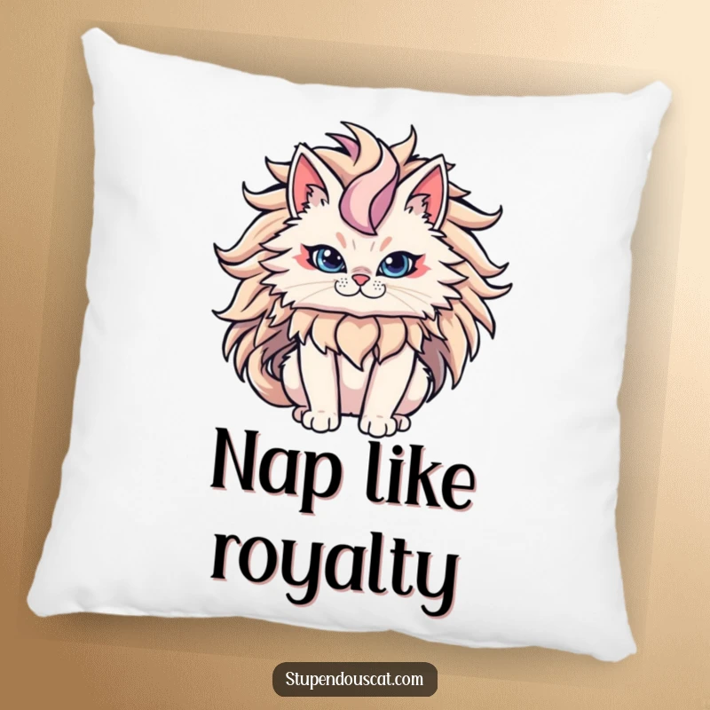Funny Cat Pillow with a powerful cat and an epic flowing mane, offering cozy majesty and feline strength.