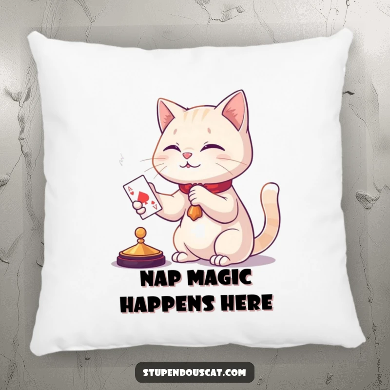 Funny cat magic pillow, a fluffy feline artist performing a card trick, bringing cozy humor and a touch of enchantment to home decor.