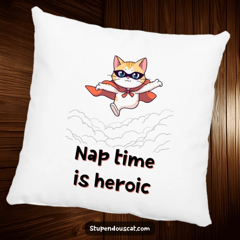 Funny pillow featuring a heroic cat in a cape, leaping with determination across a vast and expansive background.