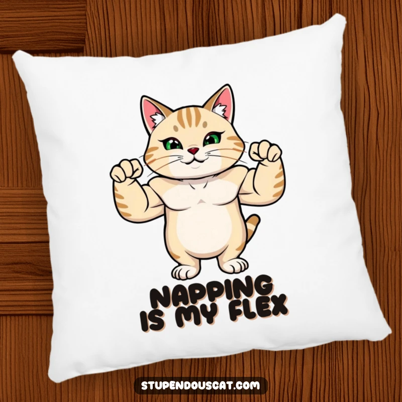 Funny pillow featuring a strong cat with rippling muscles, flexing its arms with immense pride and a powerful pose.
