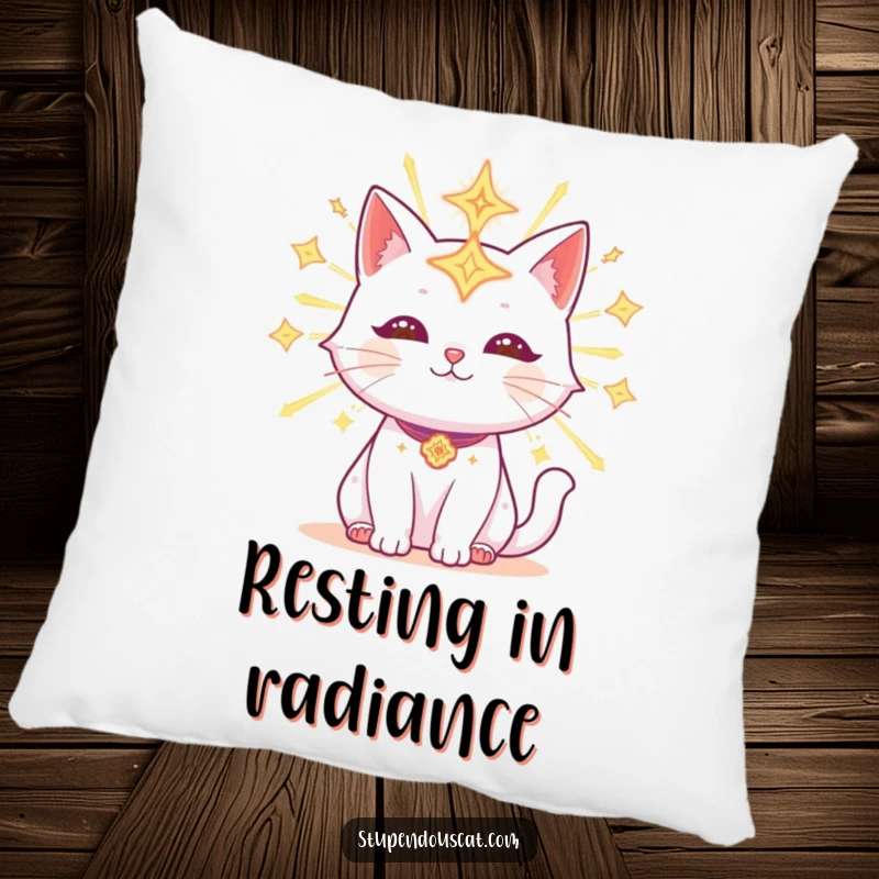 Funny Pillow featuring a radiant cat adorned with glowing celestial symbols, offering soft, magical comfort for relaxation.