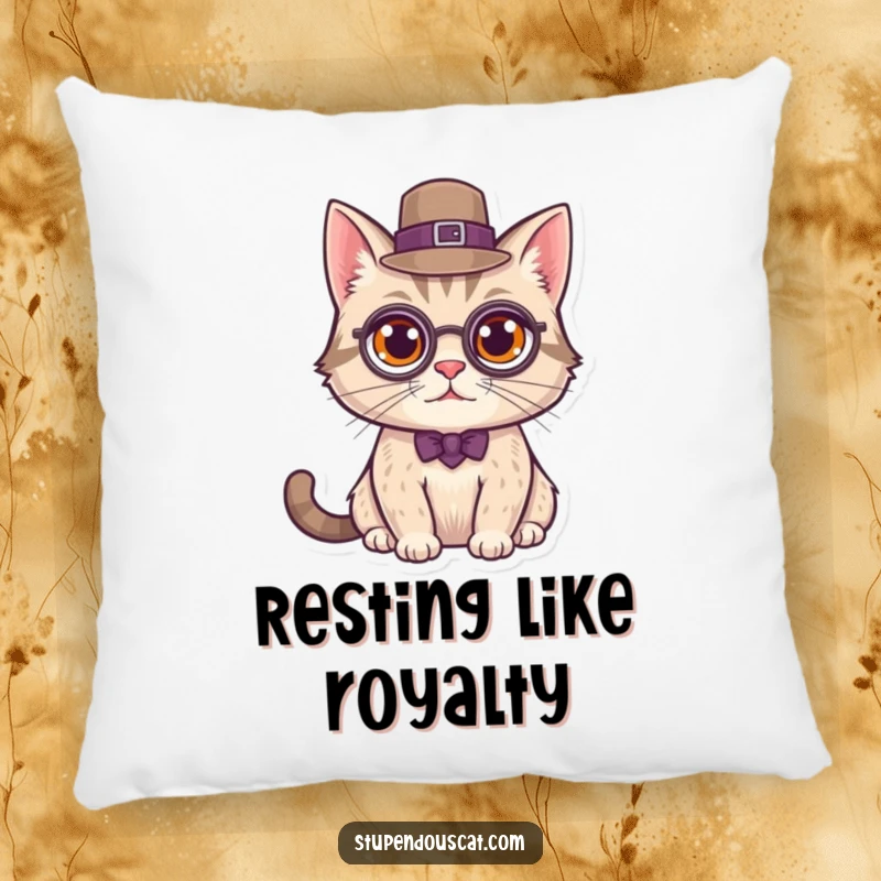 Funny Pillow showcasing a distinguished cat wearing a monocle and top hat, offering sophisticated comfort and refined vibes.
