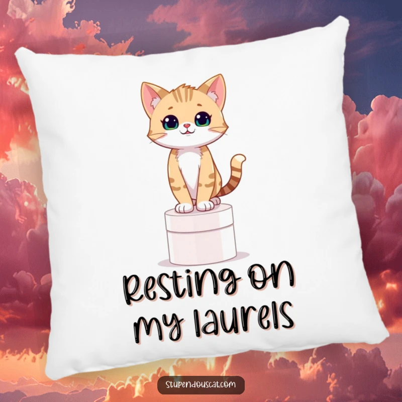 Funny pillow featuring a confident cat cub standing proudly on a pedestal, adding humorous elegance to any room.