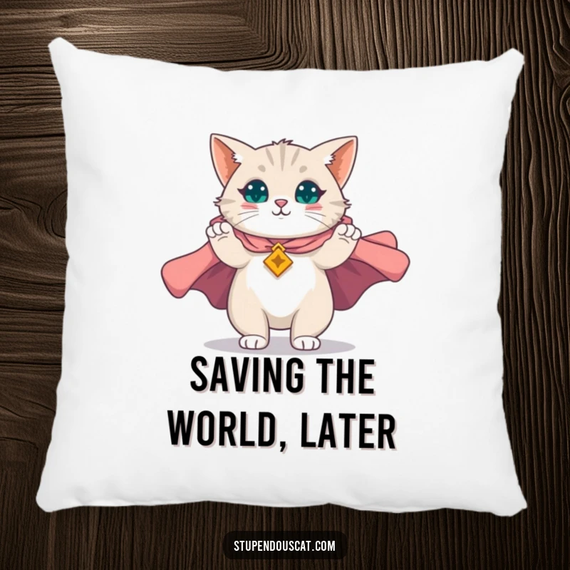 Funny pillow with a magnificent cat unfurling a majestic cape, offering a soft and humorous touch of heroic comfort, an ideal funny gift.
