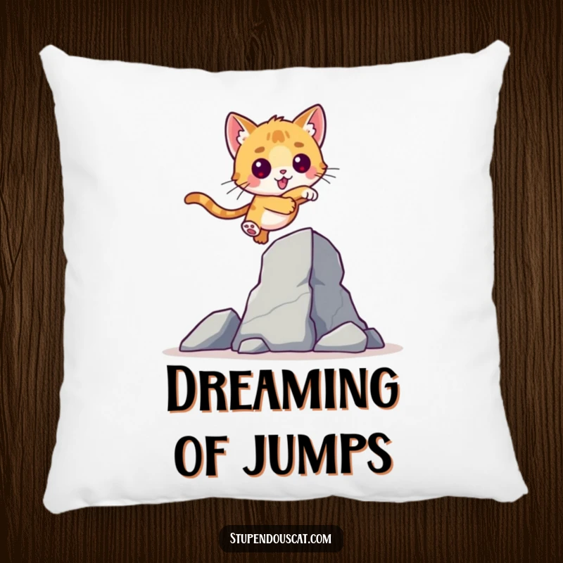 Valiant Cat Cub Leap Pillow: A soft pillow showcasing a brave cat cub leaping over an obstacle, offering comfort and inspiration.