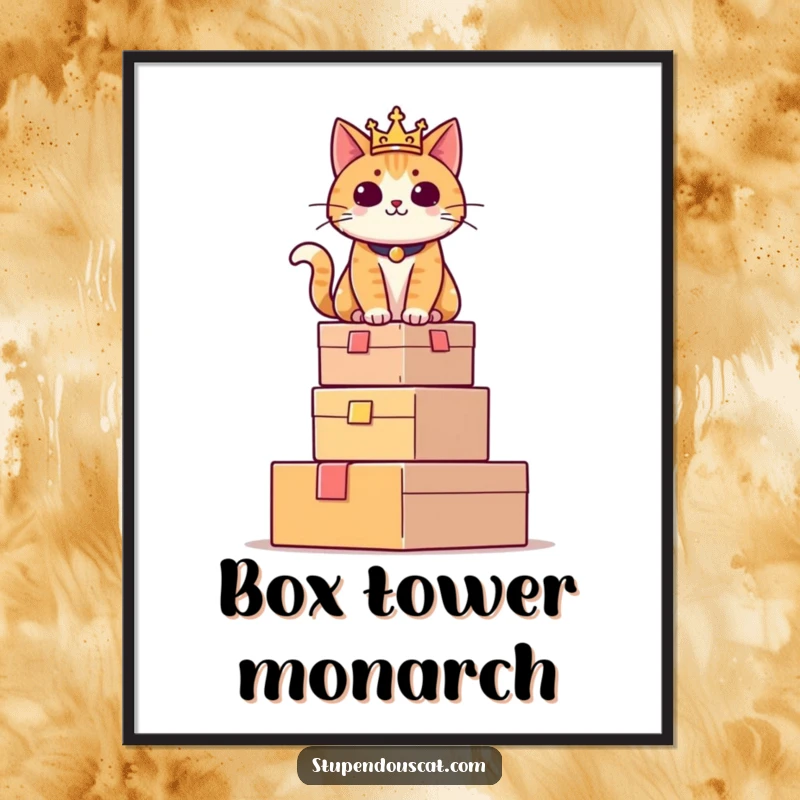Funny digital art print of a regal cat sitting with pride atop a tower of boxes, conveying supreme feline authority.