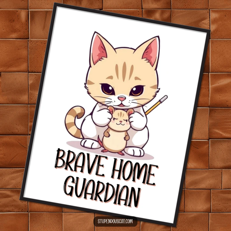 Funny digital art print of a valiant cat protectively guarding a small toy mouse, embodying courage and devotion, perfect for wall decor, a funny gift.