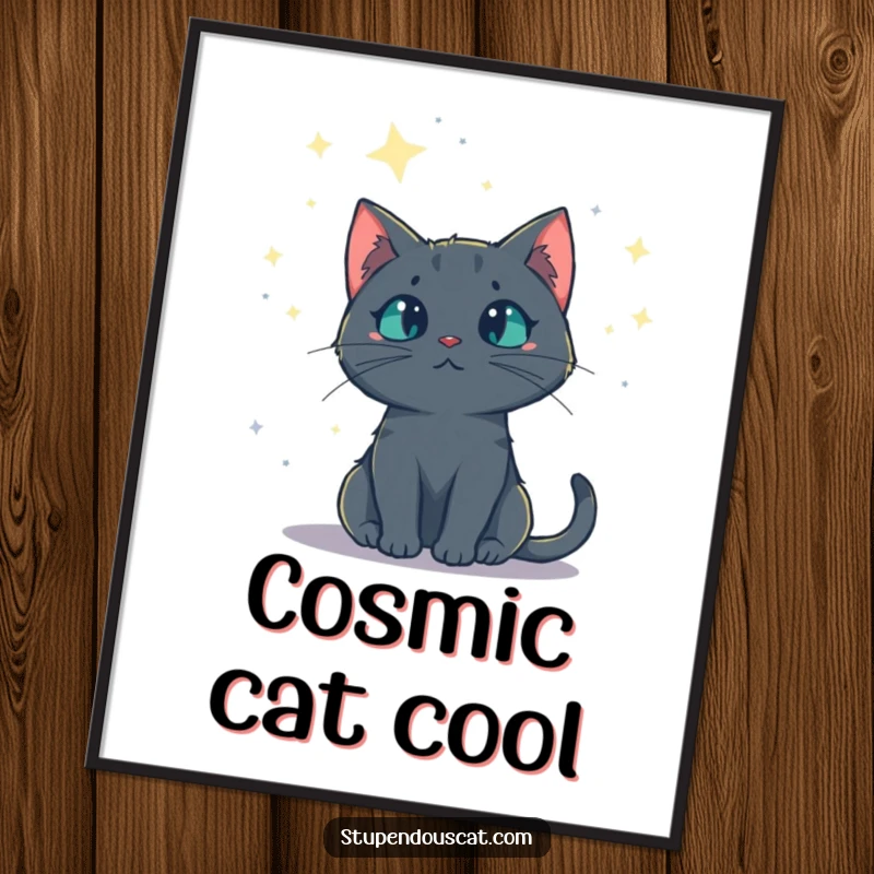 Funny digital art print of a mysterious cat gazing at a starry night sky, evoking wonder and serenity, perfect for instant download decor, a funny gift.