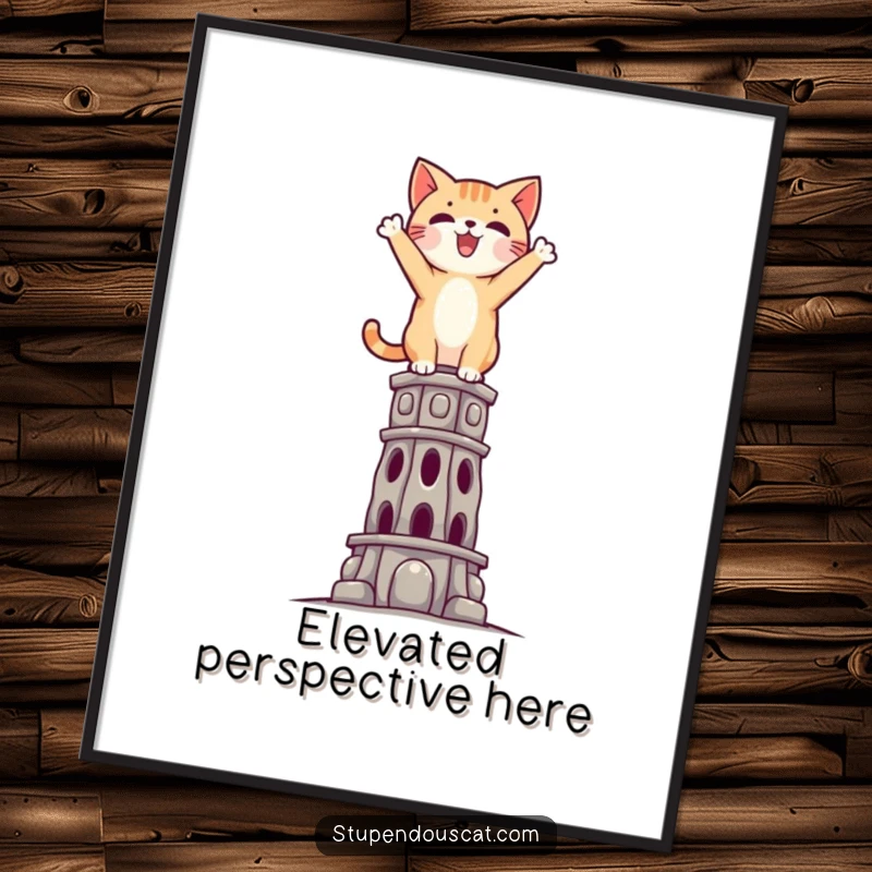 Funny Triumphant Cat Digital Art Print: Artwork of a victorious cat standing atop a tall, impossible structure.