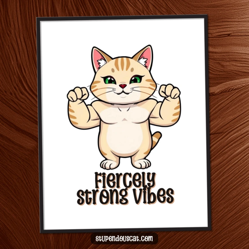 Funny digital art print depicting a strong cat with visibly rippling muscles, flexing its arms with immense pride and a powerful stance.