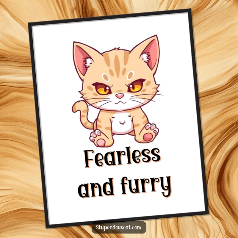 Funny action cat cub digital art print, looking formidable and perfectly ready for any humorous endeavor. Printable art.