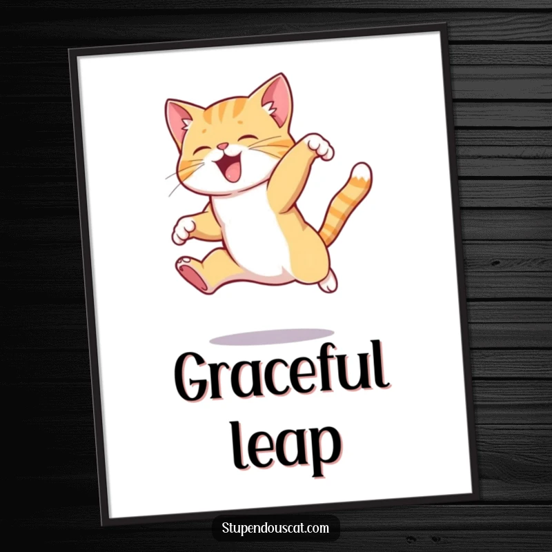 Funny cat digital art print of a cat executing a surprisingly elegant, complex, and athletic jump, showcasing grace.