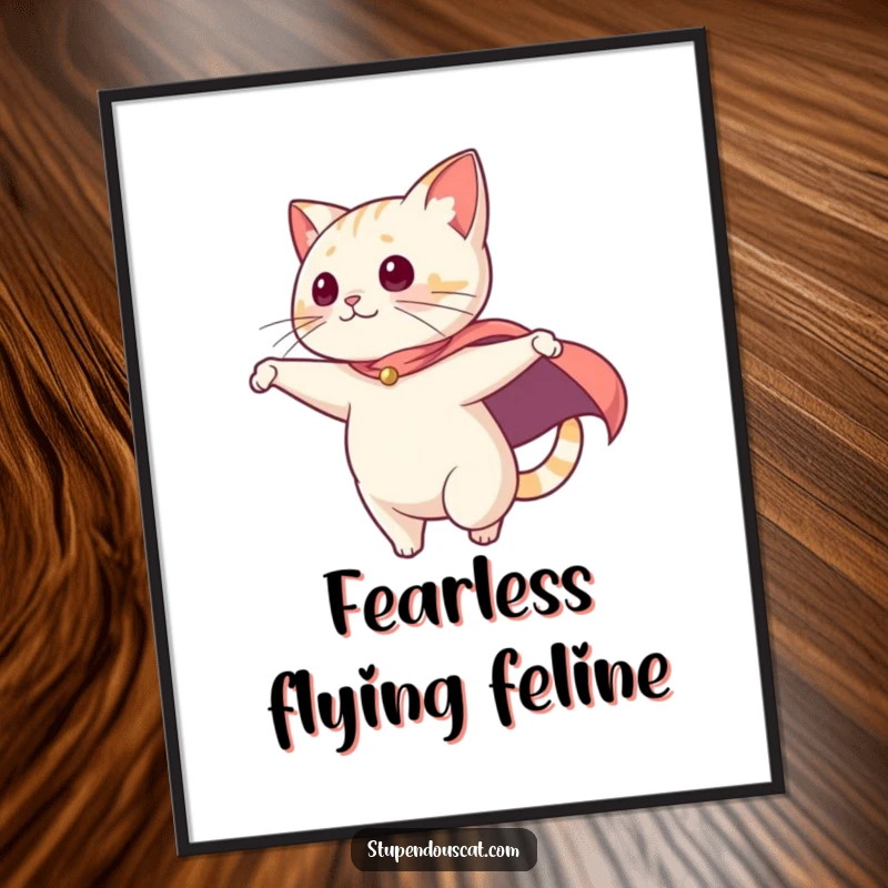 Funny Digital Art Print: A cat with a cape dramatically swooping from a high point, offering instant heroic drama.