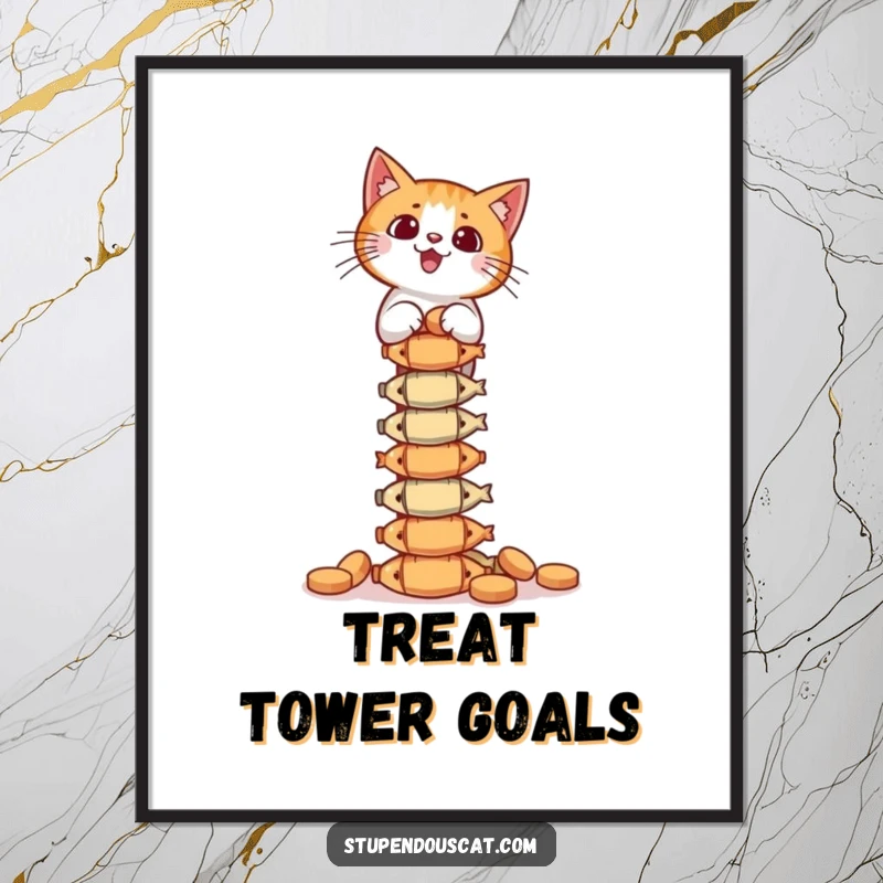 Funny Digital Art Print: A cat expertly balances a tall tower of fish treats, ready to be printed for humorous decor.
