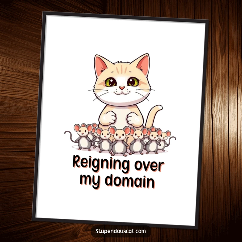 Funny cat digital art print showing a confident cat general leading an army of toy mice.