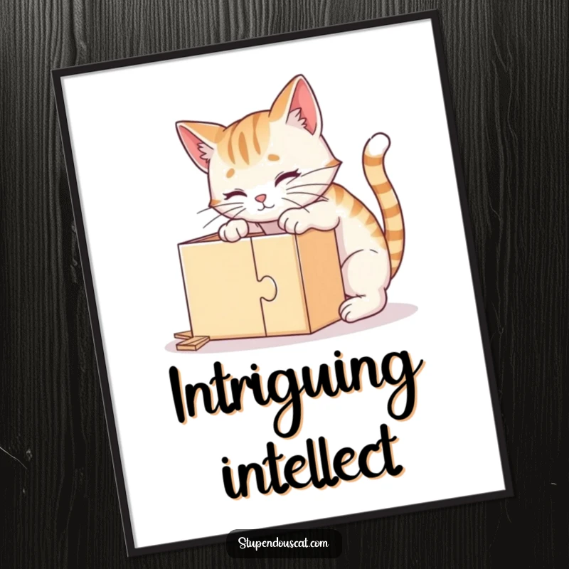Funny digital art print of a clever cat intently focused on solving a puzzle box, radiating intelligence and curiosity.