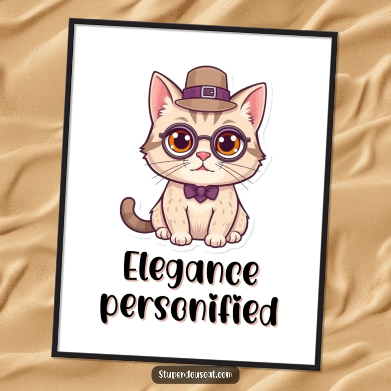 Funny Digital Art Print of a cat wearing a monocle and top hat, looking distinguished, instantly downloadable art.