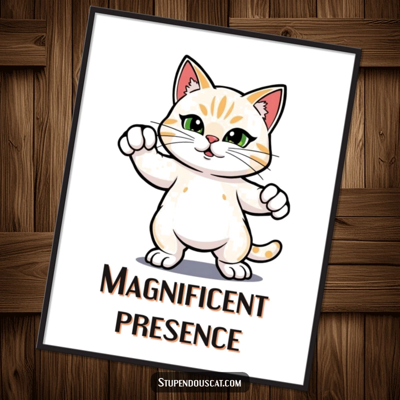 Funny digital art print of a heroic cat striking a confident, proud stance, ready to inspire and amuse in any digital frame.