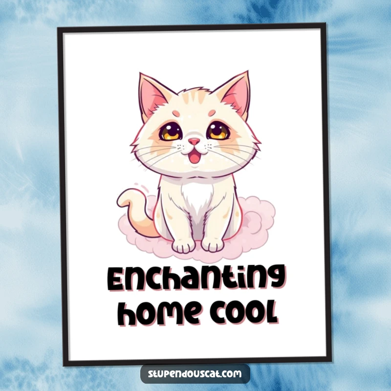 Funny digital art print of a dazzling cat appearing from a puff of smoke, creating a magical and eye-catching visual, a funny gift.